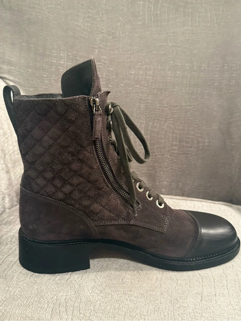 CHANEL G33769 Dark Gray Quilted Suede CC Combat Boots 41.5